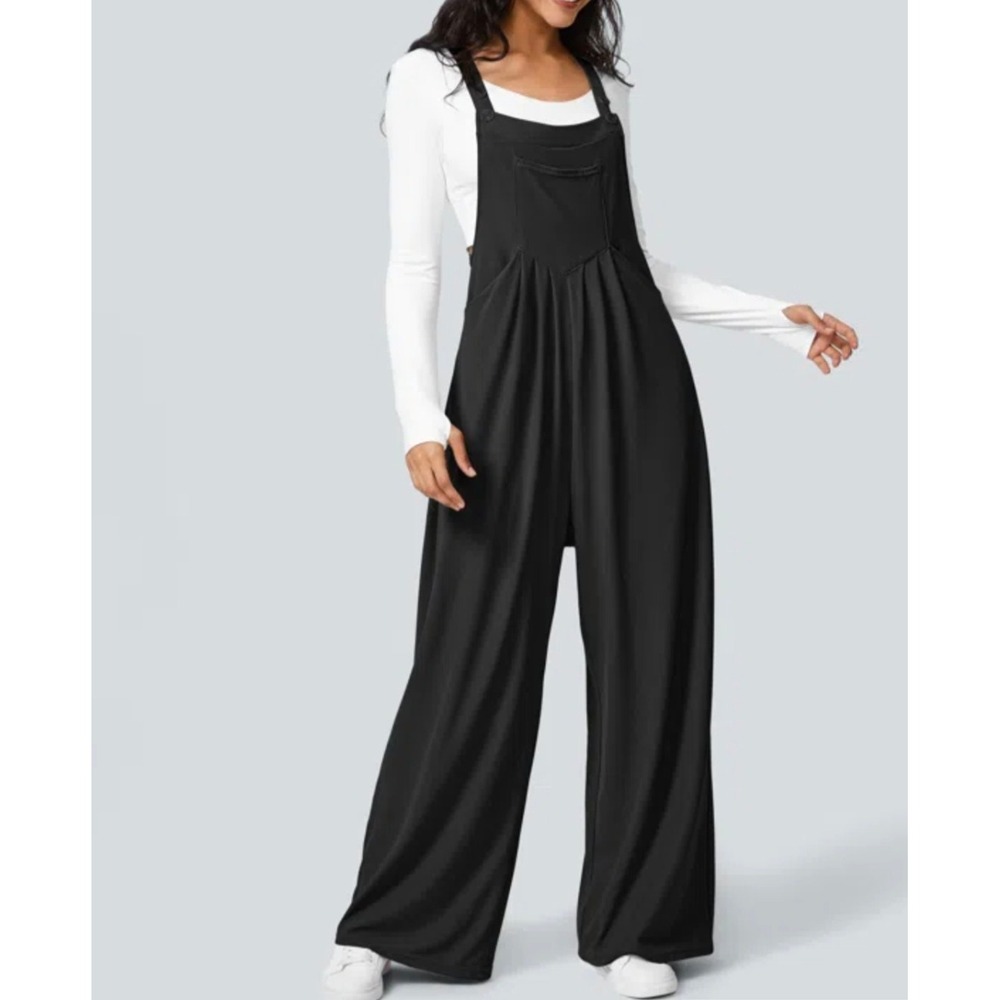 Halara Black Waffle Knit Wide Leg Overalls Adjustable Straps Pockets Large NWT
